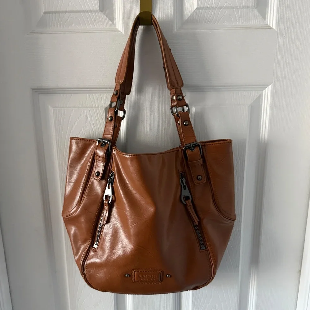 Nine West Cognac Brown Double Zip Shoulder Tote Bag Y2K Slouchy Purse